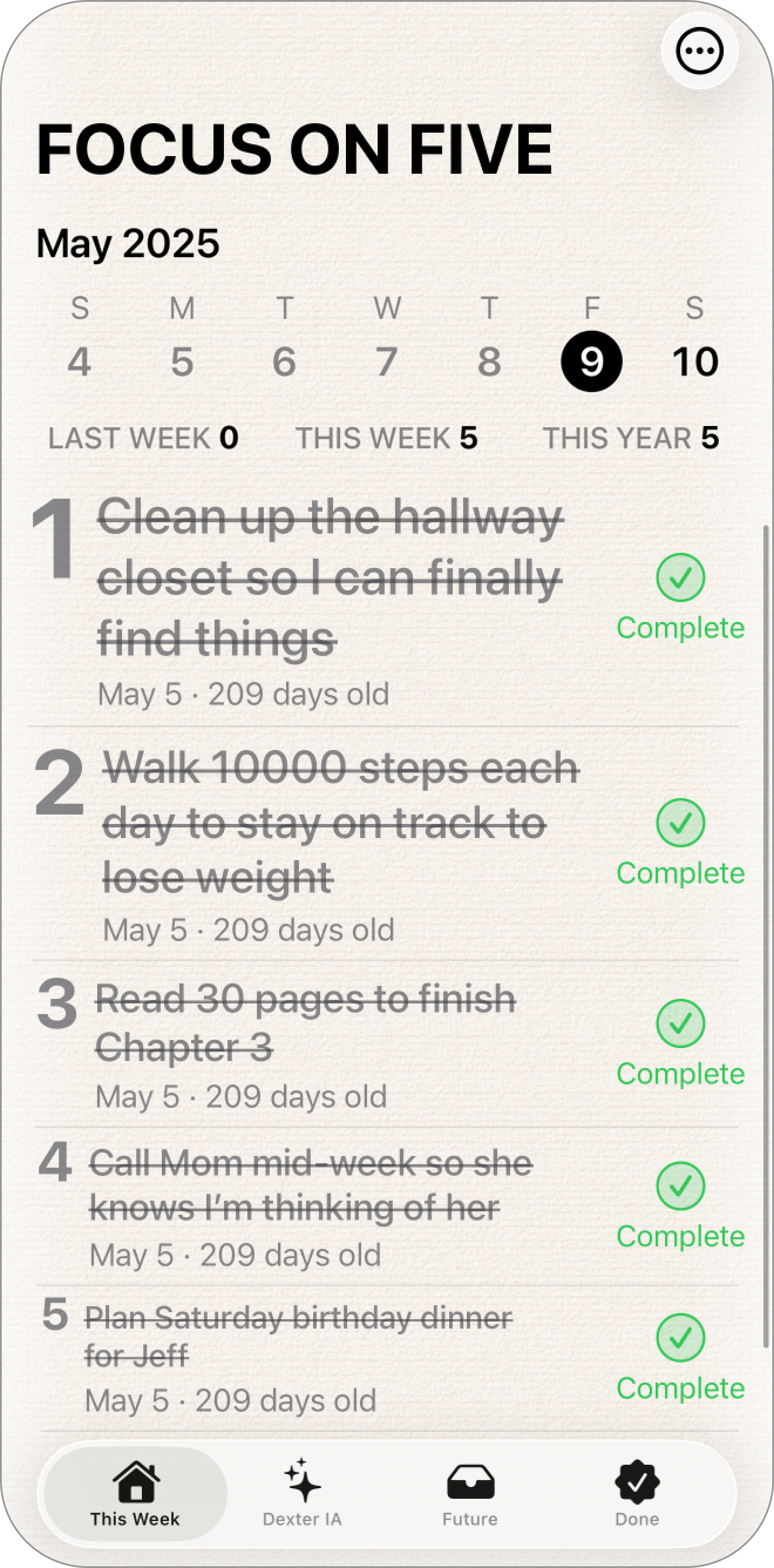 Focus on Five — progress tracking